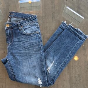 Kut from the Kloth Dark Blue Distressed Skinny Jeans. Womens Size 0P. Inseam 24”